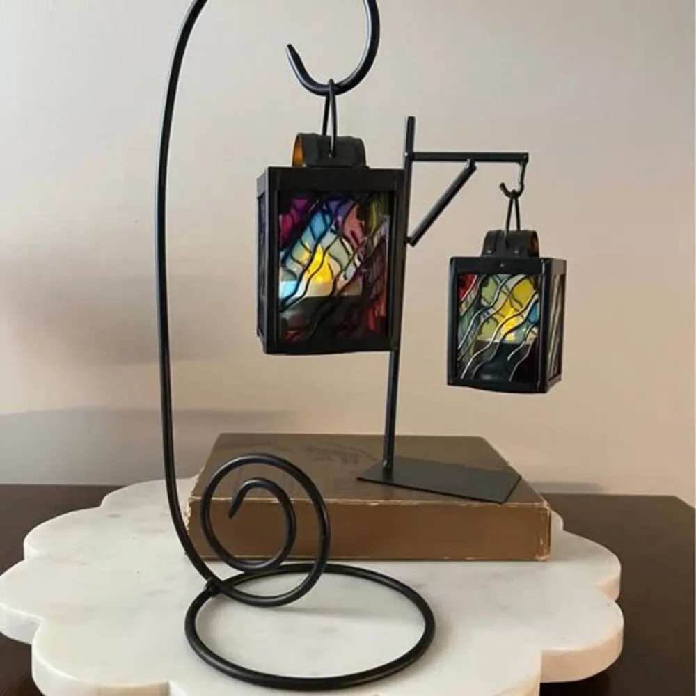 Set of 2 Stained Glass Style Hanging Lanterns with Black Metal Stands